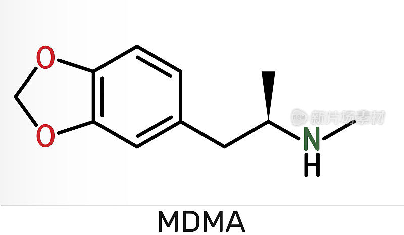 3,4-亚甲基二氧甲基苯丙胺，MDMA, XTC，摇头丸分子。它是一种精神药物，迷幻药。骨骼的化学公式